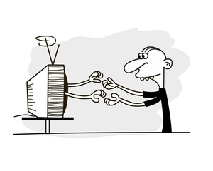 Man watching TV. Hands reaching for each other. Funny vector.