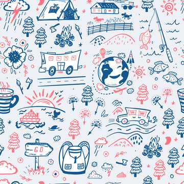 Seamless Pattern with Hand Drawn Doodle Travel, Tourism and Camping Icons. Vector Background
