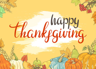 Happy Thanksgiving Greeting Card with Pumpkins, Apples and Autumn Foliage