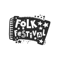 Folk music festival vector banner template. Accordion silhouette with stylized lettering. Cultural entertainment. Musical instrument with ink drops. Poster design element.