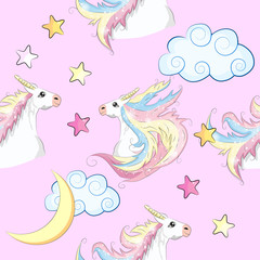 Seamless pattern with cute unicorns, clouds,rainbow and stars. Magic background with little unicorns.