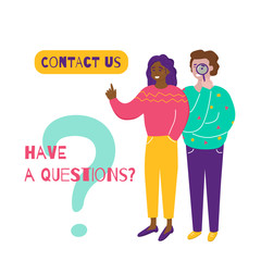 Young black woman point a finger on banner with text Contact us in speech bubble for customers.Man with magnifier standing near girl. Have a questions concept with text, sign and people on white backg