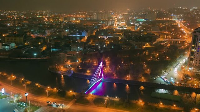 Timelapse night Kharkiv from a bird's eye view. Aerial view of the city center. Ukraine.