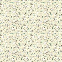 Fototapeta na wymiar Easter Seamless Pattern with Bunnies. Floral Background with Little Rabbits. Cute Bunny with Leaves. Hares Line Art Vector Illustration