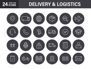 Set of Delivery and logistics web icons in line style. Courier, shipping, express delivery, tracking order, support, business. Vector illustration.