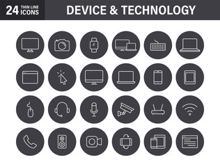 Set of Device and technology web icons in line style. Computer monitor, smartphone, tablet and laptop. Vector illustration.