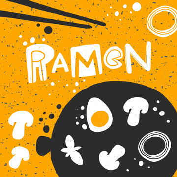 Ramen hand drawn vector banner template. Traditional japanese dish illustration with stylized lettering. Pan with noodles, eggs and vegetables on yellow background. Restaurant menu, poster design