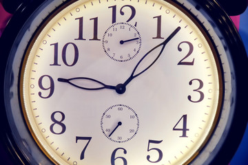 Large clock face, black numerals on white background close-up