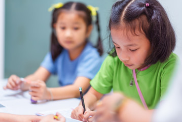Asian elementary school girls are studying in the classroom.