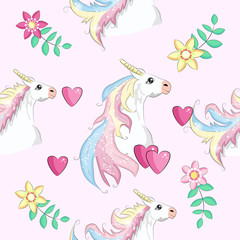 Seamless pattern with Unicorns, rainbows and hearts, trendy cartoon patches.
