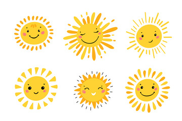 Cute Sun Icon Vector Set. Hand Drawn Doodle Different Funny Suns  - obrazy, fototapety, plakaty