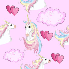 Seamless pattern with Unicorns, rainbows and hearts, trendy cartoon patches.