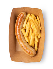 German sausage and potato fry on white
