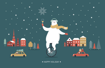 Christmas Card, Seasons greetings, Polar bear is going by monocycle, unicycle  © LenLis