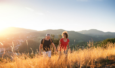 Fototapeta na wymiar Senior tourist couple travellers hiking in nature at sunset, holding hands.