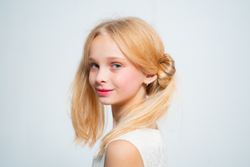 Wintage teen style. Happy blond teenager girl. Skincare and natural makeup for retro blonde teen. Beauty hairdresser salon. Healthy long hair with natural color