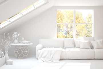 Stylish room in white color with sofa and autumn landscape in window. Scandinavian interior design. 3D illustration