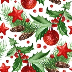 Behang Naadloos patroon met kerstsymbool - hulstbladeren, kerstboom met kegels, sterren en ballen op witte achtergrond. © Yulia Ogneva