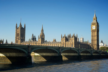 Scenic view of the Houses of Parliament and Westminster Bridge from the south bank of the River Thames on a calm morning in London, UK 