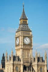 Fototapeta na wymiar Bright morning view of Big Ben, formally known as Elizabeth Tower, standing above Westminster Palace in London, UK