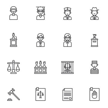 Law, justice line icons set. linear style symbols collection, outline signs pack. vector graphics. Set includes icons as judge gavel, attorney, jury, barrister, judge at podium, law book, prisoner