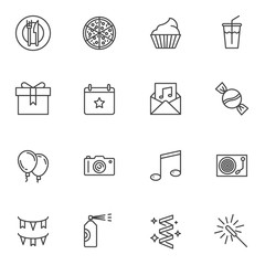 Party line icons set. linear style symbols collection, outline signs pack. vector graphics. Set includes icons as air balloons, gift box, invitation card, flags, pizza, drink cup, photo camera, music