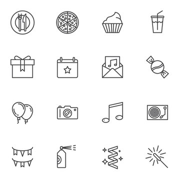Party line icons set. linear style symbols collection, outline signs pack. vector graphics. Set includes icons as air balloons, gift box, invitation card, flags, pizza, drink cup, photo camera, music
