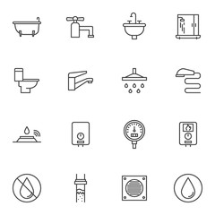 Plumbing line icons set. linear style symbols collection, outline signs pack. vector graphics. Set includes icons as water tap, shower, gauge pressure meter, heater, toilet, bathtub, sink, sewer pipe