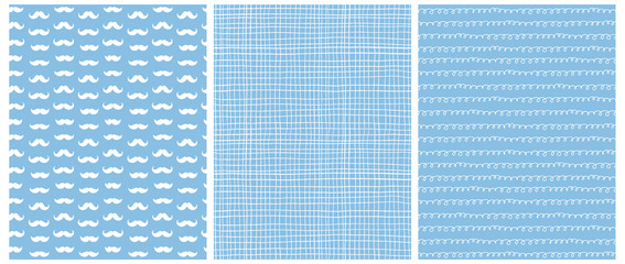 Cute Baby Shower Seamless Vector Patterns. White Moustache on a Blue Background. White Tiny Grid and Lines with Loops on a Blue Layout.  Simple Moustaches Print for Baby Boy Party Decoration.