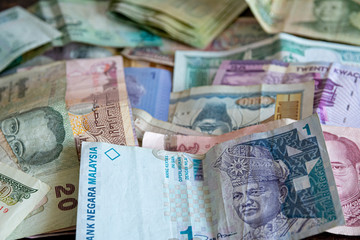 Different foreign currency money paper bank notes, randomly ordered