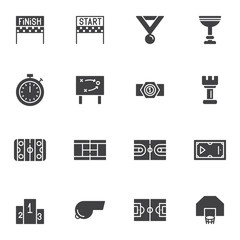 Sport equipment vector icons set, modern solid symbol collection, filled style pictogram pack. Signs, logo illustration. Set includes icons as finish, start, stopwatch, game tactic, award cup, soccer