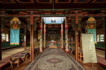Inner view of a colorful buddhist meditation temple in Mongolia