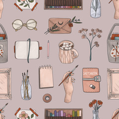 Seamless pattern with art supplies on pink background. Cute and cozy seamless background