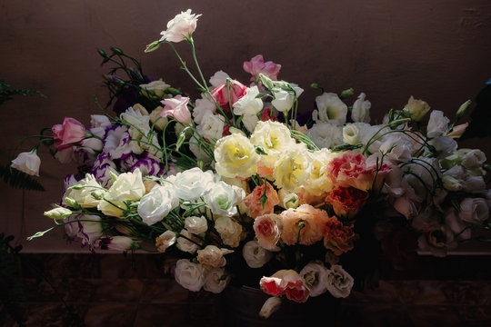 A bouquet with many flowers after a wedding