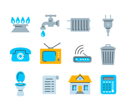 Household services utility bill icons. Vector flat symbols of regular payments such as gas, water, electric energy, heating, telephone, cable TV, Internet, garbage, sewage. Simple color pictograms