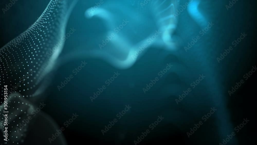 Poster fantasy blue textured abstract shape and light particles in organic motion. waving dots texture of d