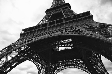Abstract black and white low angel view of the iconic eifel tower in Paris, France