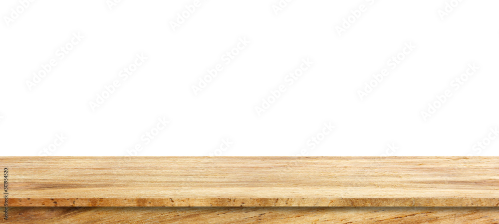 Wall mural wooden tabletop isolated on white background empty rustic wood table,for montage product display or 