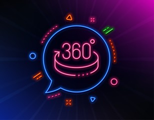 360 degrees line icon. Neon laser lights. VR simulation sign. Panoramic view symbol. Glow laser speech bubble. Neon lights chat bubble. Banner badge with 360 degrees icon. Vector