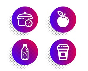 Boiling pan, Water bottle and Apple icons simple set. Halftone dots button. Takeaway coffee sign. Cooking timer, Soda drink, Fruit. Latte drink. Food and drink set. Vector