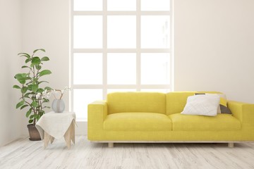 Stylish room in white color with sofa. Scandinavian interior design. 3D illustration