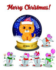 Christmas snow globe. Merry Christmas mice play with a cat. For the design of cards and congratulations.