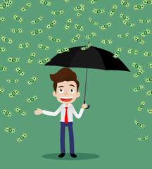 Businessman holding an umbrella and reaching out to touch the rain of money