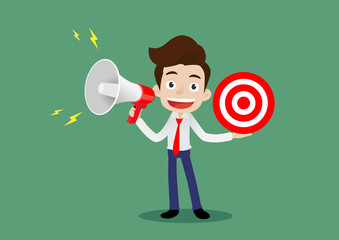 Businessman speaking through megaphone, Who announces the goal for general public to acknowledge