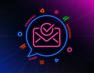 Approved mail line icon. Neon laser lights. Accepted or confirmed sign. Document symbol. Glow laser speech bubble. Neon lights chat bubble. Banner badge with approved mail icon. Vector