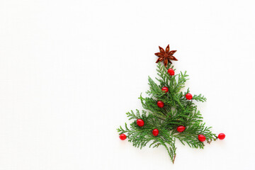 Christmas  fire tree made from evergreen branches, star anise and red berries on a white background Flat lay, top view, copy space