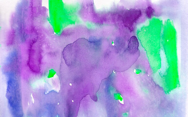 Abstract purple background, hand-painted texture, watercolor painting, splashes, drops of paint, paint smears. Design for backgrounds, wallpapers, covers and packaging.