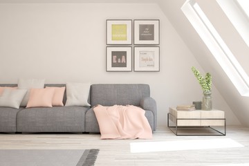 Stylish room in white color with sofa. Scandinavian interior design. 3D illustration