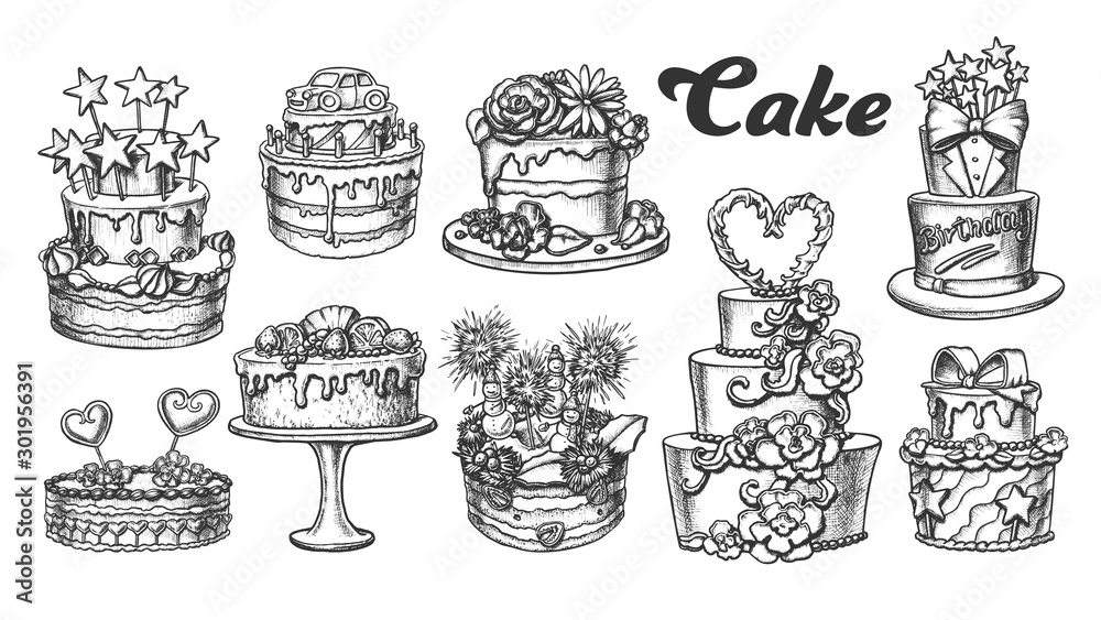 Wall mural Cake Pie Delicious Collection Retro Set Vector. Birthday Anniversary, Valentine And Wedding Day Cake Engraving Concept Template Hand Drawn In Vintage Style Black And White Illustrations