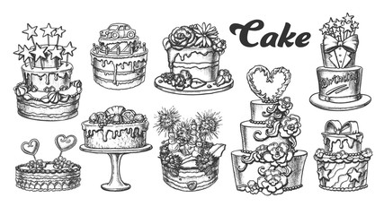 Cake Pie Delicious Collection Retro Set Vector. Birthday Anniversary, Valentine And Wedding Day Cake Engraving Concept Template Hand Drawn In Vintage Style Black And White Illustrations